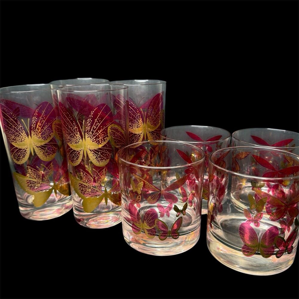 Fred Press Butterfly Glasses Set 8 Cranberry Pink Gold Highball Rocks MCM Rare